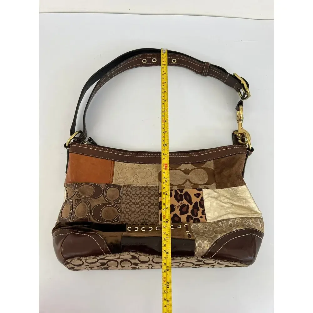 Vintage Coach F0893-F12842 Patchwork Jacquard Leopard Brown Leather Bag Y2K Boho - Picture 12 of 16